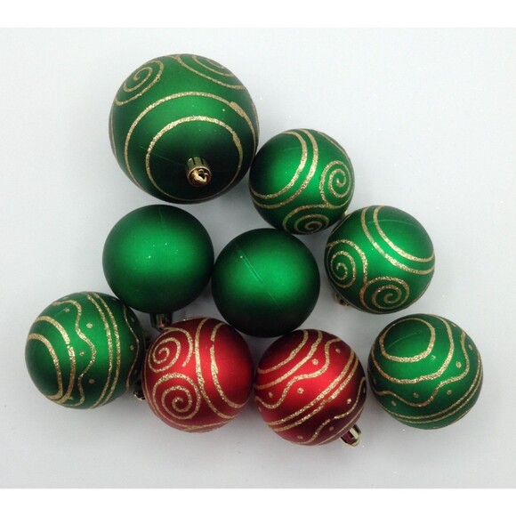 Christmas Ornaments Green & Red Matte2 Solid 7 Gold Glitter Shatterproof Set/9 - Picture 4 of 5